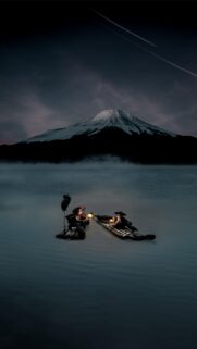 Cormorant Fishermen at Mount Fuji Dark Moody Landscape Wallpaper