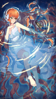 Anime Girl Floating in Magical Water with Tiny Boat Wallpaper