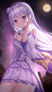 Emilia Re Zero Anime Girl Under Starlit Sky Mobile Wallpaper