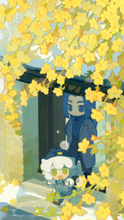 Cute Anime Chibi Characters Under Yellow Spring Flowers Mobile Wallpaper