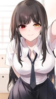 Beautiful Anime Schoolgirl with Heterochromia Clock Eye Wallpaper
