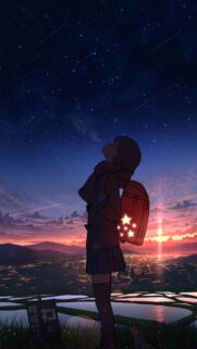 Anime Girl Watching Stars Over City Skyline Sunset Wallpaper 4K