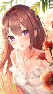Beautiful Anime Girl With Purple Eyes and Red Flowers Wallpaper