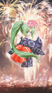 Anime Girl in Kimono with Fireworks Background Mobile Wallpaper