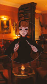 Surreal Anime Girl with Multiple Eyes in Vintage Library Wallpaper