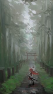 Anime Girl Samurai Walking Towards Torii Gate in Misty Forest Wallpaper
