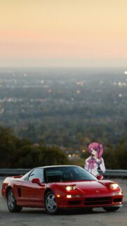 Anime Girl with Red Acura NSX Sunset Cityscape Mobile Wallpaper