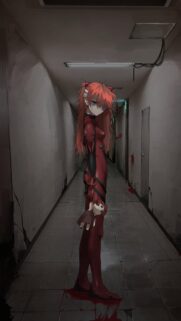 Asuka Langley Soryu in Dark Hallway Evangelion Aesthetic Wallpaper