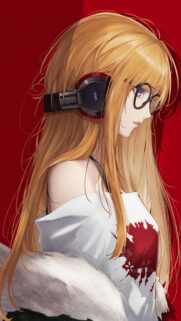 Anime Girl with Headphones and Glasses Red Background Aesthetic Wallpaper
