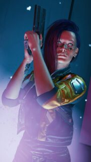 Cyberpunk V Female Mercenary with Futuristic Handgun Mobile Wallpaper