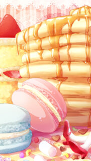 Delicious Anime Style Pancakes and Macarons Aesthetic Wallpaper