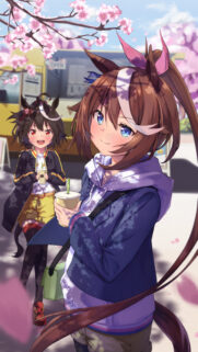 Tokai Teio and Kitasan Black Anime Girls Spring Sakura Wallpaper