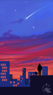 Stunning Silhouette of Man and Dog Under Shooting Star Sky Mobile Wallpaper