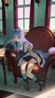 Anime Girl with Purple Hair Resting in Red Velvet Armchair 4K Mobile Wallpaper