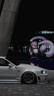 Anime Girl with White Sports Car Night Urban Aesthetic Wallpaper