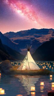 Dreamy Teepee Camping Under a Pink Milky Way Galaxy Wallpaper for Mobile