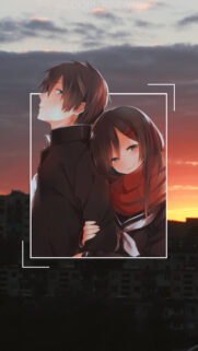 Anime Couple Standing Back to Back at Sunset Aesthetic Mobile Wallpaper