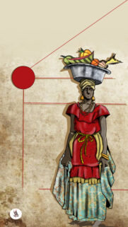 Artistic Illustration of African Woman Carrying Fruit Basket Wallpaper