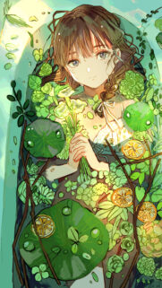 Beautiful Anime Girl Relaxing in a Refreshing Green Botanical Bath Wallpaper
