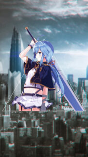 Blue Haired Anime Swordswoman in Urban Cityscape Mobile Wallpaper