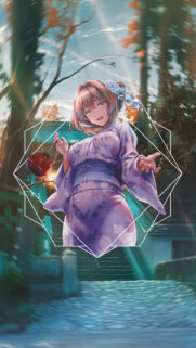 Beautiful Anime Girl in Floral Yukata at Sunset Wallpaper for Mobile