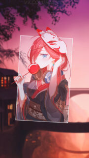 Anime Girl with Kitsune Mask and Candy Apple Aesthetic Wallpaper for Mobile