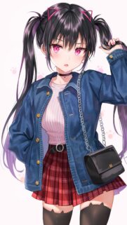Cute Anime Girl with Pink Eyes and Denim Jacket Portrait Wallpaper