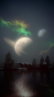 Ethereal Alien Moon Landscape with Green Nebula and Snowy Cabin Wallpaper