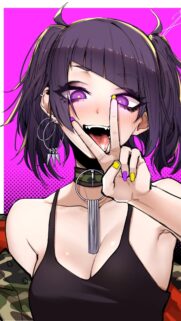 Edgy Anime Girl with Purple Eyes and Camouflage Jacket Phone Wallpaper