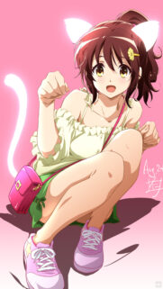 Cute Anime Cat Girl with Radiant Yellow Eyes and Pink Aesthetic Wallpaper