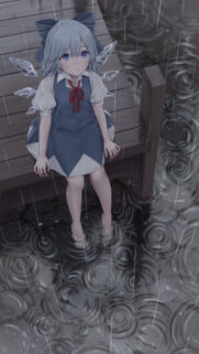 Sad Anime Girl Cirno Sitting in the Rain High Resolution Wallpaper