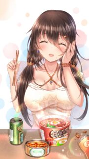 Cute Anime Girl Eating Delicious Ramen Wallpaper for Mobile