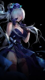 Elegant Anime Girl in Dark Blue Evening Gown High Resolution Wallpaper