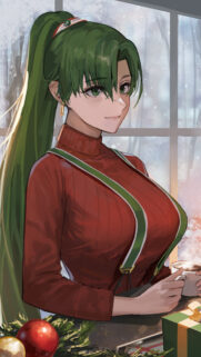 Anime Girl with Green Ponytail Holding Coffee Christmas Wallpaper