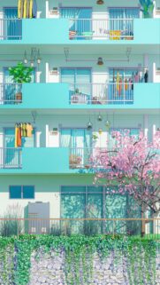 Anime Style Apartment Building with Cherry Blossom Tree Wallpaper