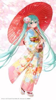 Hatsune Miku in Traditional Japanese Kimono with Red Umbrella Wallpaper