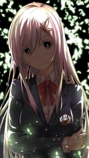 Beautiful Anime Schoolgirl with Long Pink Hair and Ethereal Glowing Leaves Wallpaper