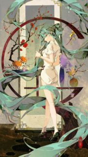 Elegant Anime Girl with Flowing Teal Hair in Traditional Aesthetic Wallpaper