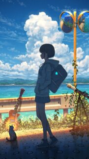 Anime Girl Standing by the Sea Aesthetic Wallpaper for Mobile