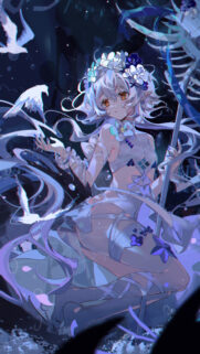 Ethereal Anime Girl with Floral Crown and White Birds Fantasy Wallpaper