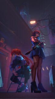 Cyberpunk Anime Girls with Weapons in Neon City Night Aesthetic Wallpaper