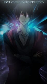 Anime Boy with Glowing Purple Eyes in Dark Cyberpunk Setting Wallpaper