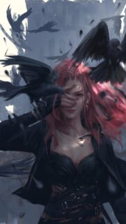 Stunning Anime Girl with Red Hair and Ravens Wallpaper 4K