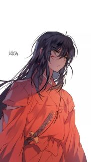 Stunning Anime Warrior with Long Black Hair and Red Kimono Mobile Wallpaper