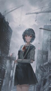 Rei Ayanami Anime Wallpaper in Post Apocalyptic City Setting