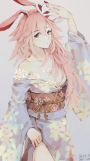 Stunning Anime Girl with Pink Hair and Kitsune Mask Mobile Wallpaper