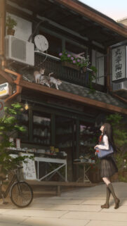 Anime Schoolgirl Looking at Cats on Japanese Storefront Wallpaper