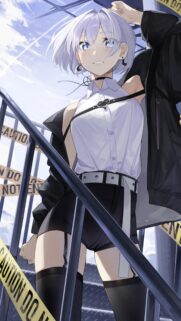 Anime Girl with Silver Hair in Urban Caution Tape Setting Mobile Wallpaper