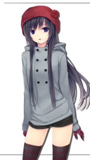 Cute Anime Girl with Red Beret and Grey Hoodie Mobile Wallpaper