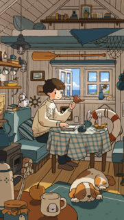 Cozy Seaside Cabin Anime Boy Illustration Aesthetic Wallpaper